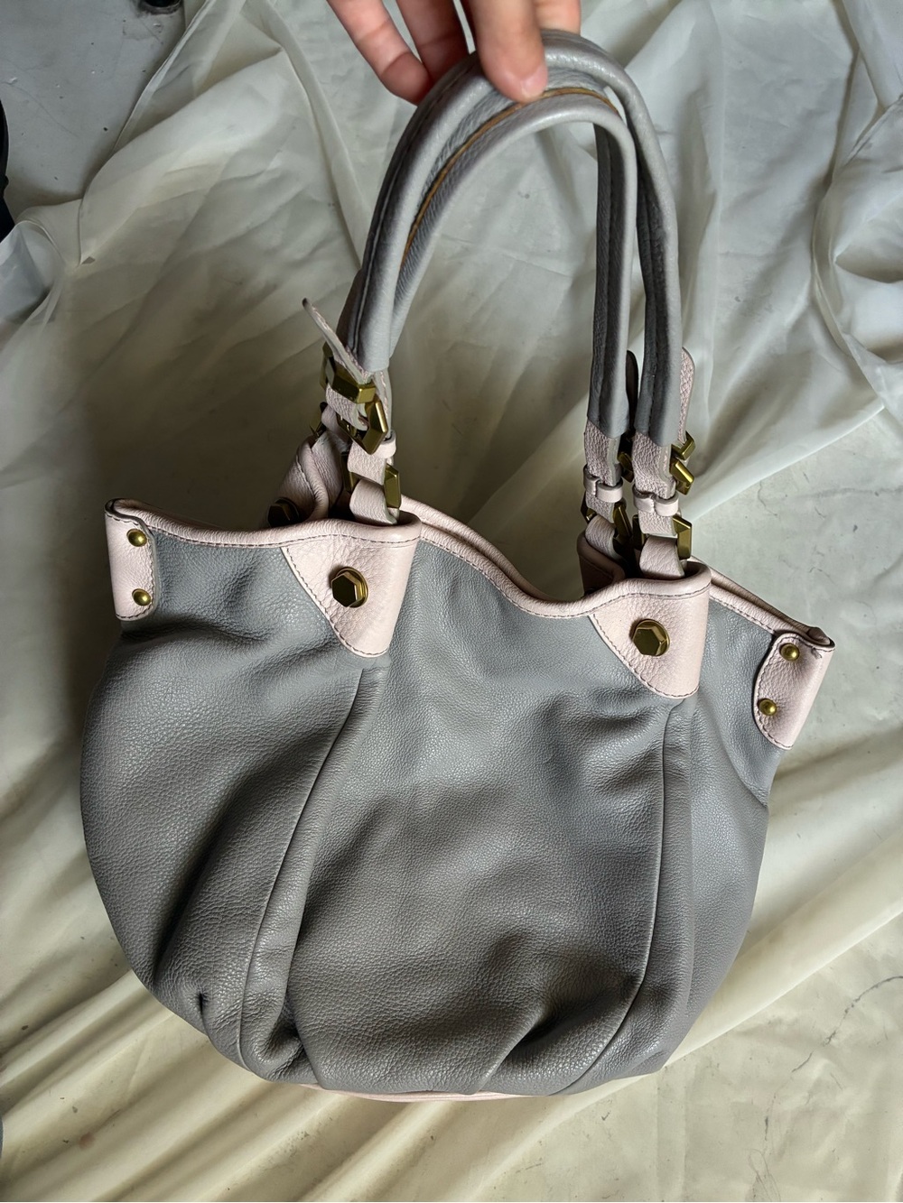 orYANY Grey and Light Pink Pebbled Leather Shoulder Bag